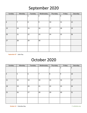 September and October 2020 Calendar Vertical