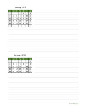 Two Months 2020 Calendar with Notes