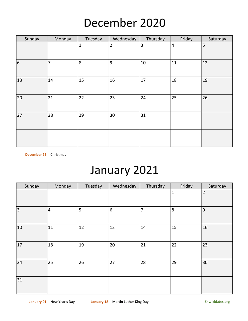 December 2020 and january 2021 calendar wikidates