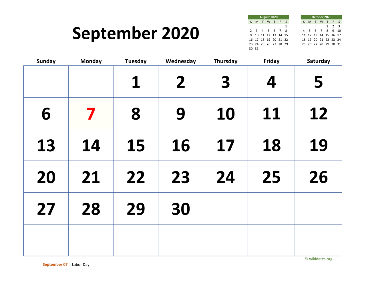 September 2020 Calendar with Extra-large Dates  WikiDates.org