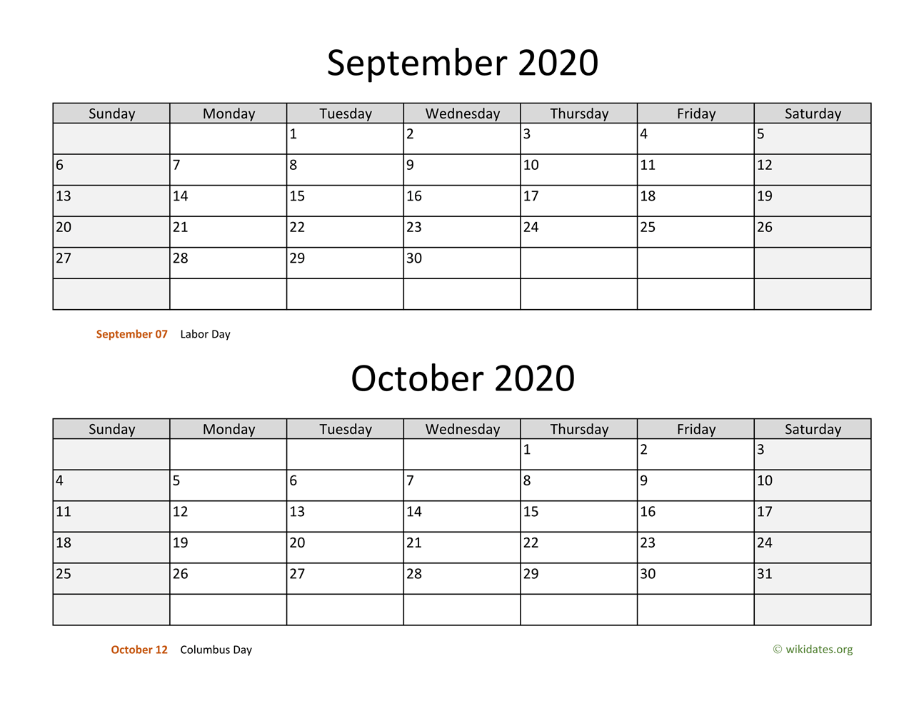 September and October 2020 Calendar | WikiDates.org