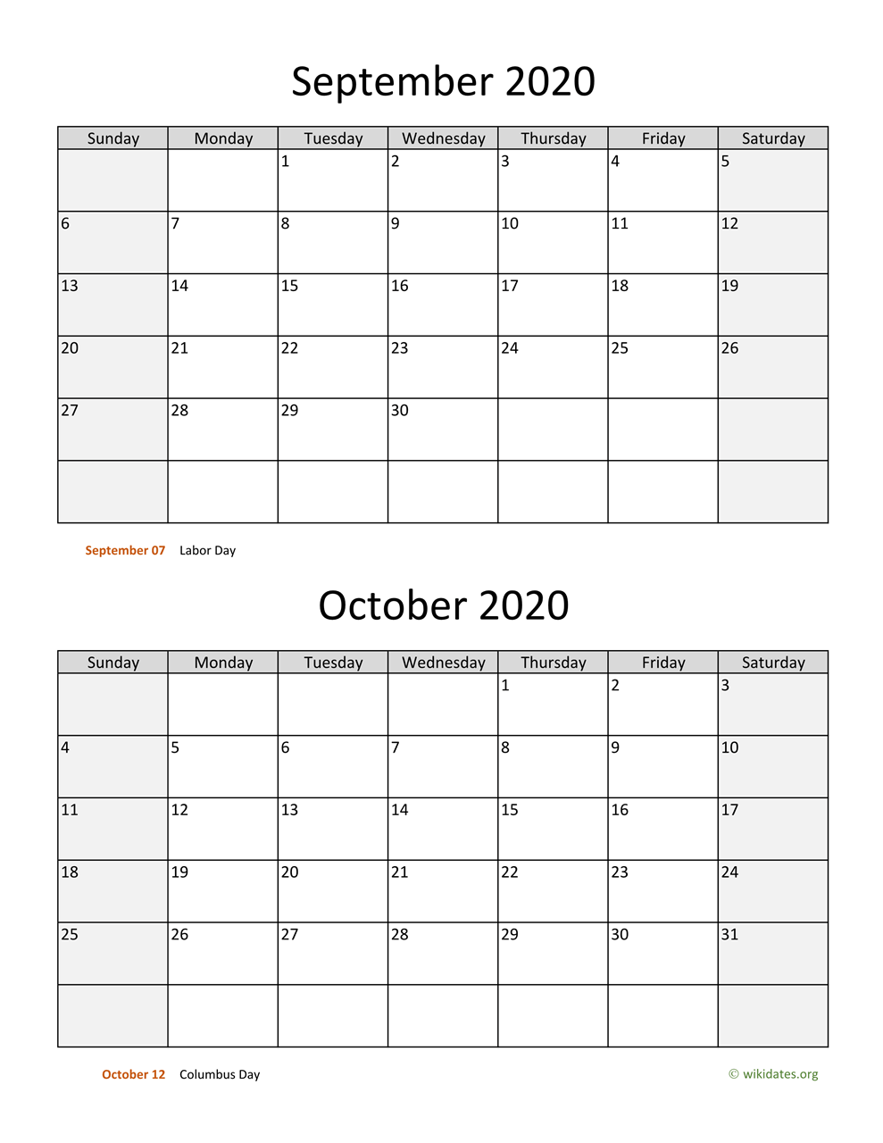 September And October 2020 Calendar