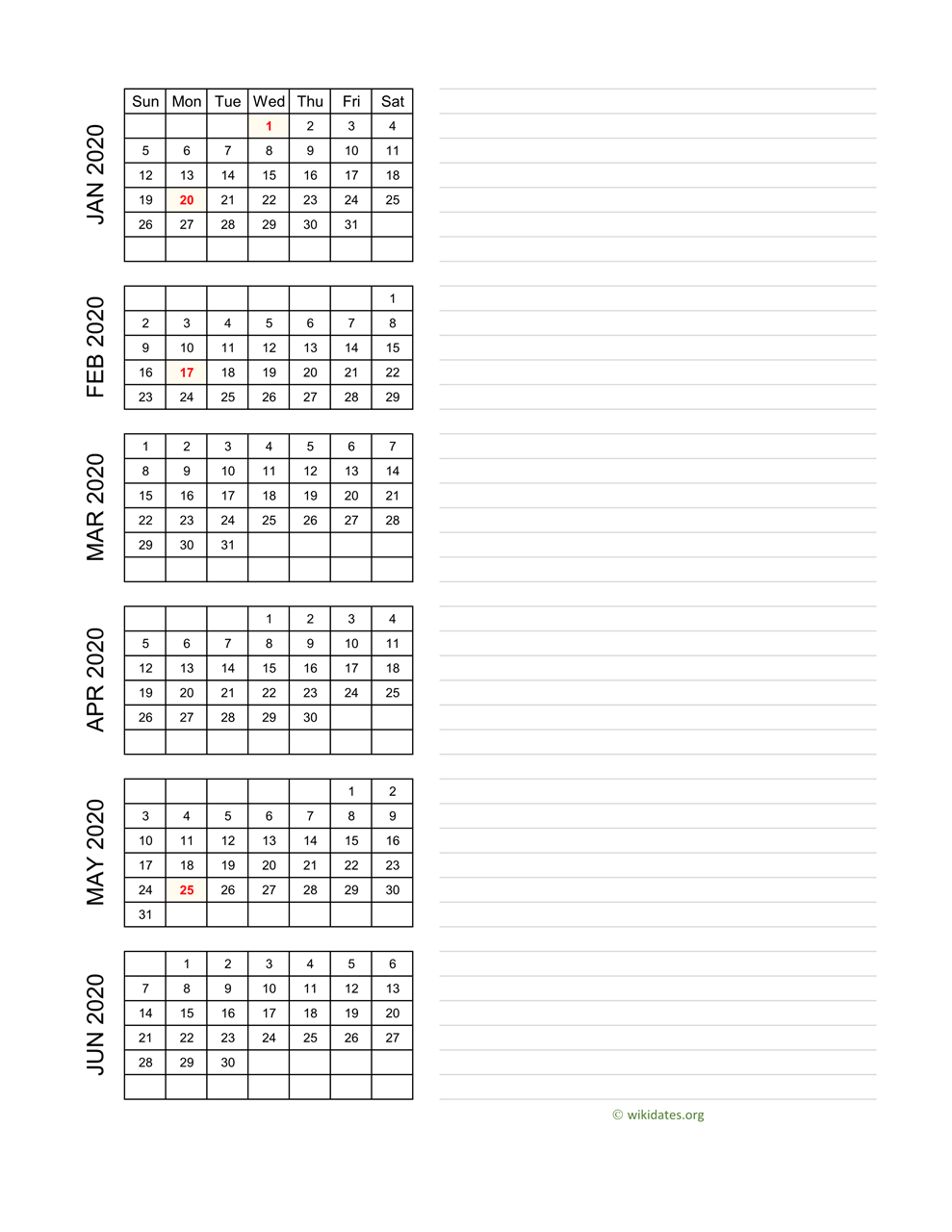 Printable 2020 Calendar | Wikidates.Org