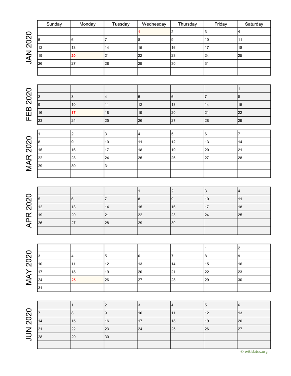 Printable 2020 Calendar | Wikidates.Org