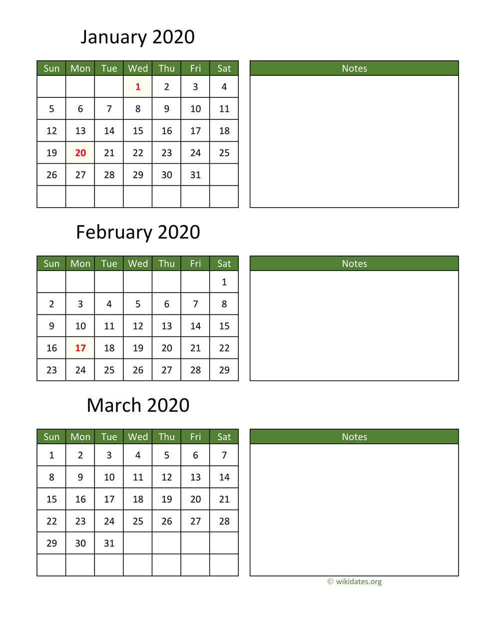 Printable 2020 Calendar | Wikidates.Org