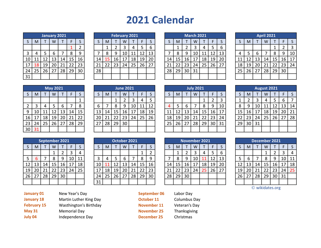 Pdf Calendar 2021 With Federal Holidays Wikidates Org