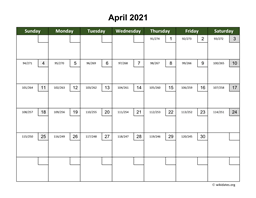 April 2021 Calendar with Day Numbers
