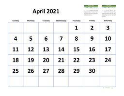 April 2021 Calendar with Extra-large Dates