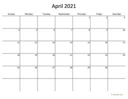 April 2021 Calendar with Bigger boxes