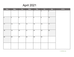 April 2021 Calendar with Notes