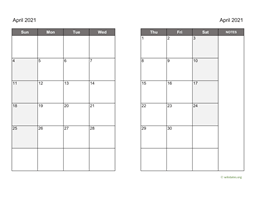 April 2021 Calendar on two pages