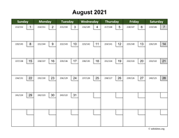 August 2021 Calendar with Day Numbers