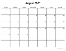 August 2021 Calendar with Bigger boxes
