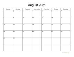 Basic Calendar for August 2021