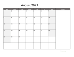 August 2021 Calendar with Notes