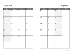 August 2021 Calendar on two pages