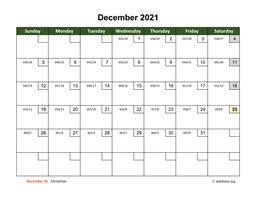 December 2021 Calendar with Day Numbers