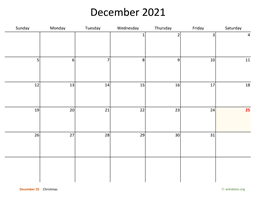 December 2021 Calendar with Bigger boxes