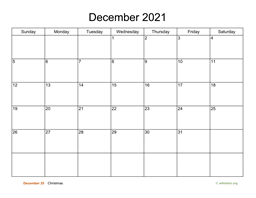 Basic Calendar for December 2021