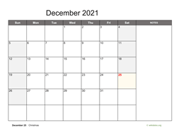 December 2021 Calendar with Notes