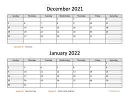 December 2021 and January 2022 Calendar