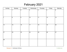 Basic Calendar for February 2021