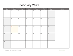 February 2021 Calendar with Notes