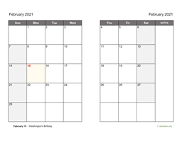 February 2021 Calendar on two pages