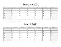 february and march 2021 calendar