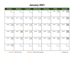 January 2021 Calendar with Day Numbers