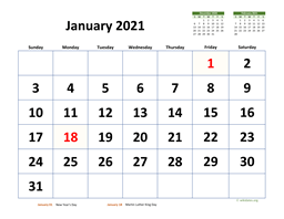 January 2021 Calendar with Extra-large Dates
