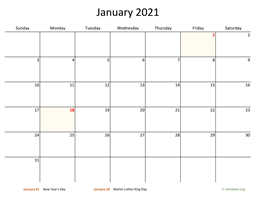 January 2021 Calendar with Bigger boxes