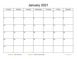 Basic Calendar for January 2021