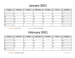 january and february 2021 calendar