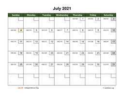 July 2021 Calendar with Day Numbers
