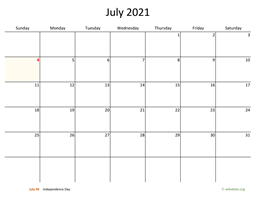 July 2021 Calendar with Bigger boxes
