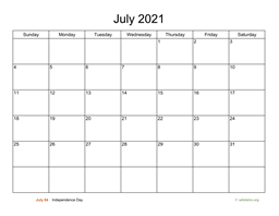 Basic Calendar for July 2021