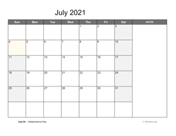 July 2021 Calendar with Notes