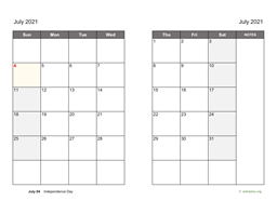 July 2021 Calendar on two pages