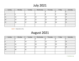 July and August 2021 Calendar