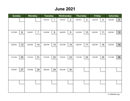 June 2021 Calendar with Day Numbers