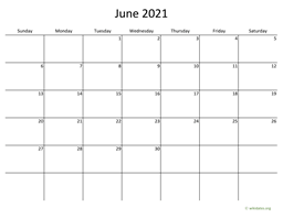 June 2021 Calendar with Bigger boxes