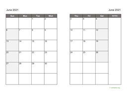 June 2021 Calendar on two pages