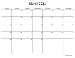 March 2021 Calendar with Bigger boxes