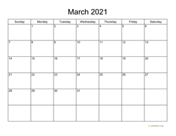 Basic Calendar for March 2021