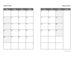 March 2021 Calendar on two pages