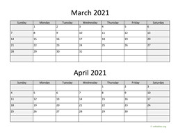 march and april 2021 calendar