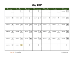 May 2021 Calendar with Day Numbers