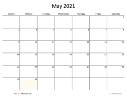 May 2021 Calendar with Bigger boxes
