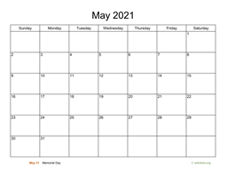 Basic Calendar for May 2021